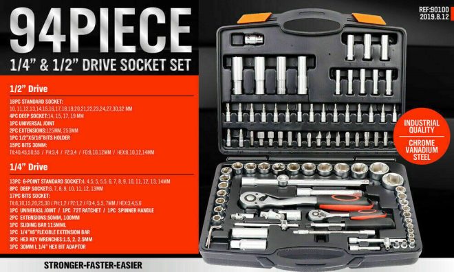 94Pc Socket Ratchet Wrench Set Screwdriver Bits Extension Torx Hex 1/4″ 1/2″ Dr.