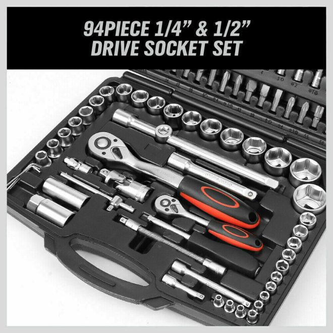 94Pc Socket Ratchet Wrench Set Screwdriver Bits Extension Torx Hex 1/4″ 1/2″ Dr.