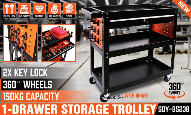 3-Tier Drawer Tool Storage Trolley Workshop Cart Steel Chest w/t Pegboard Hooks