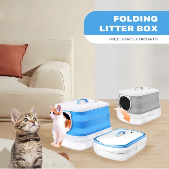 Large Foldable Cat Litter Box Plastic Toilet Easy Cleaning – Blue