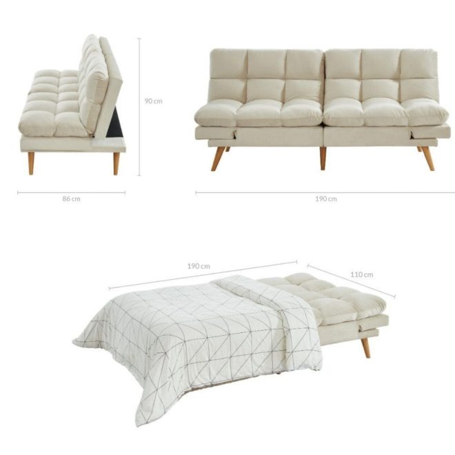 Alexa 3 Seater Velvet Sofa Bed Futon – Cream