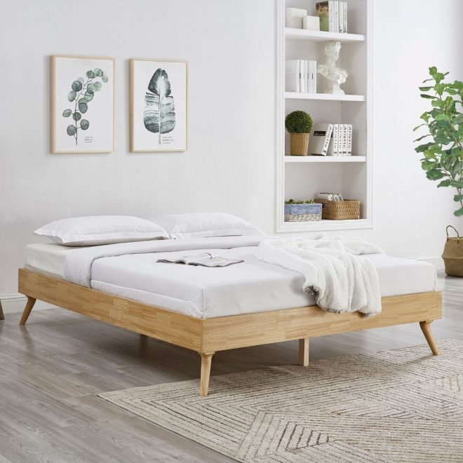 Natural Oak Ensemble Bed Frame Wooden Slat – KING