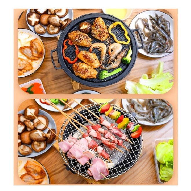 Cast Iron Round Stove Charcoal Table Net Grill Japanese Style BBQ Picnic Camping with Wooden Board – Large, 1