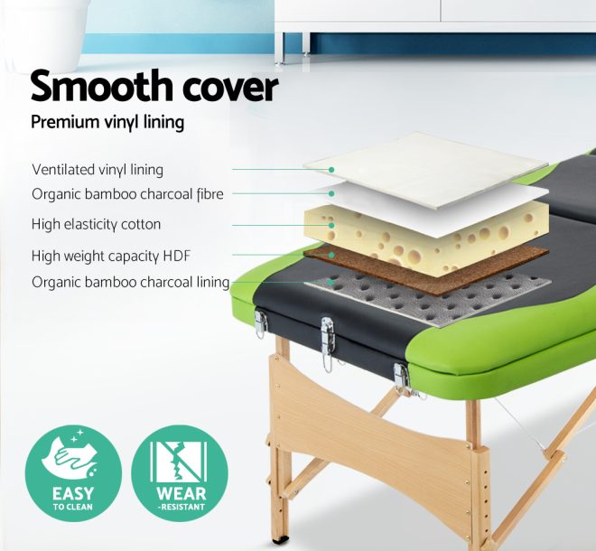 3 Fold Portable Wood Massage Table – 70 cm, Green and Black