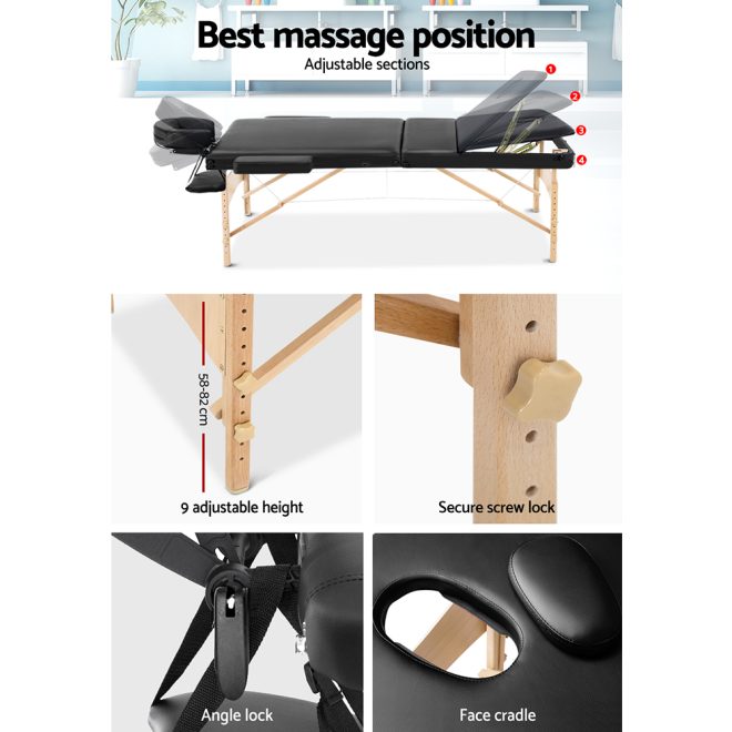 3 Fold Portable Wood Massage Table – 60 cm, Black