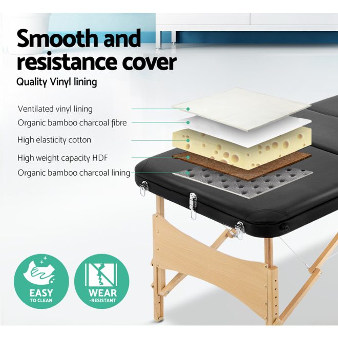 3 Fold Portable Wood Massage Table – 70 cm, Black