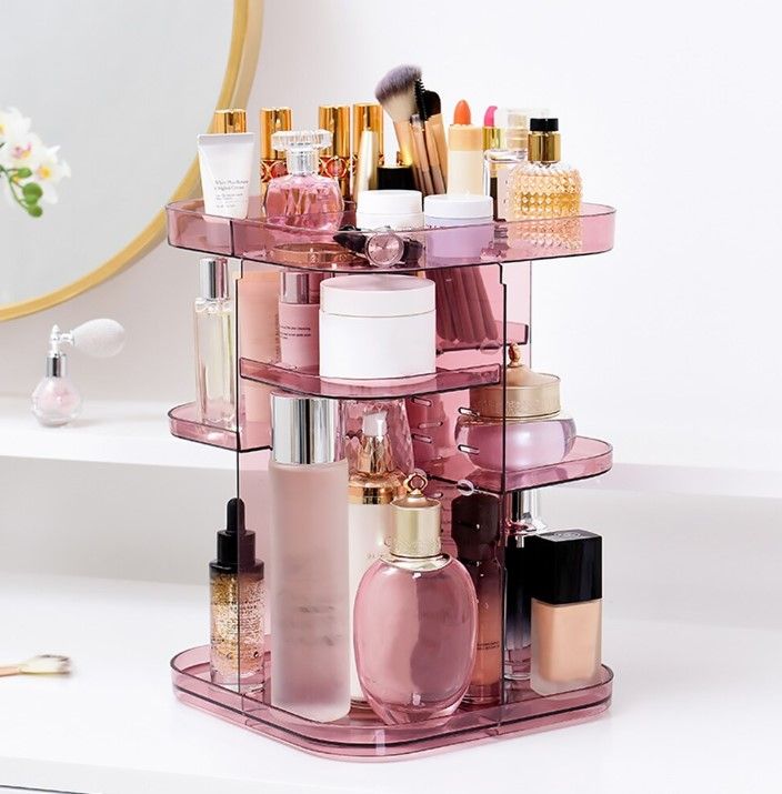 360 Rotating Large Capacity Makeup Organizer for Bedroom and Bathroom – Pink