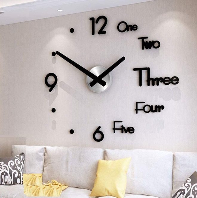 DIY Wall Clock Modern Frameless Large 3D Wall Watch Giant Roman Numerals for Home Living Room and Bedroom – 50x45x1.5 cm
