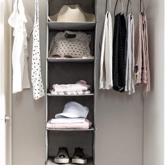 5 Foldable Shelf Hanging Closet Organizer Space Saver with Side Accessories Pockets for Clothes Storage.