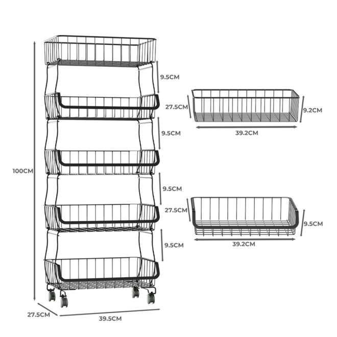 5 Tier Kitchen Trolley Cart Storage Rack Vegetable Organiser Shelf Wheels