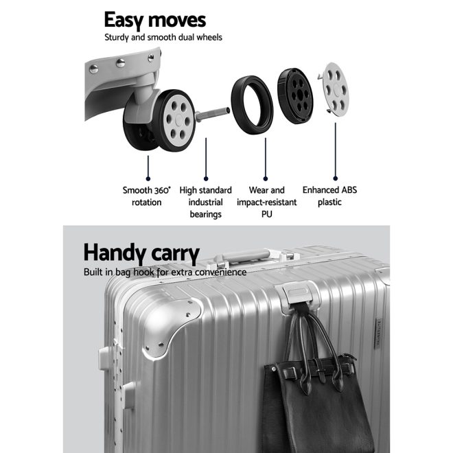28″ Luggage Trolley Travel Suitcase Set TSA Carry On Lightweight Aluminum Silver
