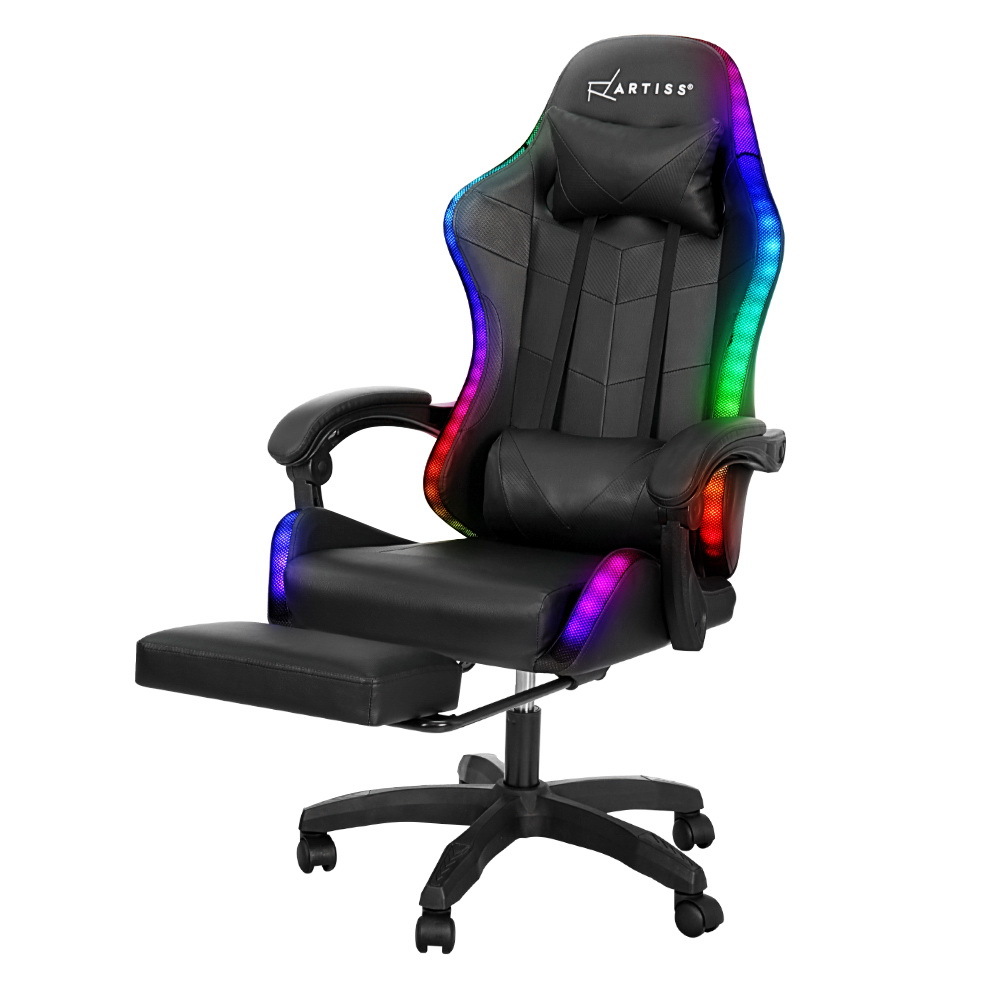 Massage Gaming Office Chair 7 LED Computer Chairs Leather Footrest Black