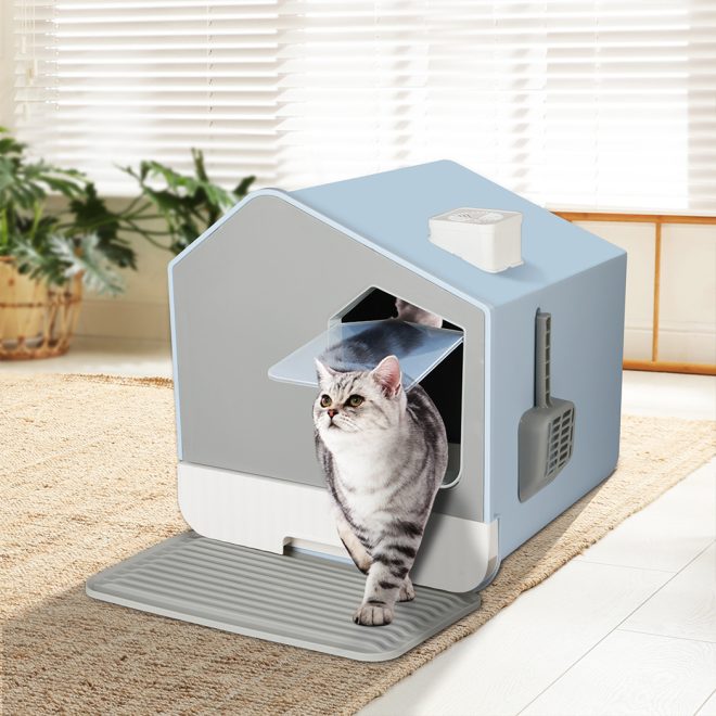 Fully Enclosed Cat Litter Box Mat Kitty Toilet Odour Control Basin Blue