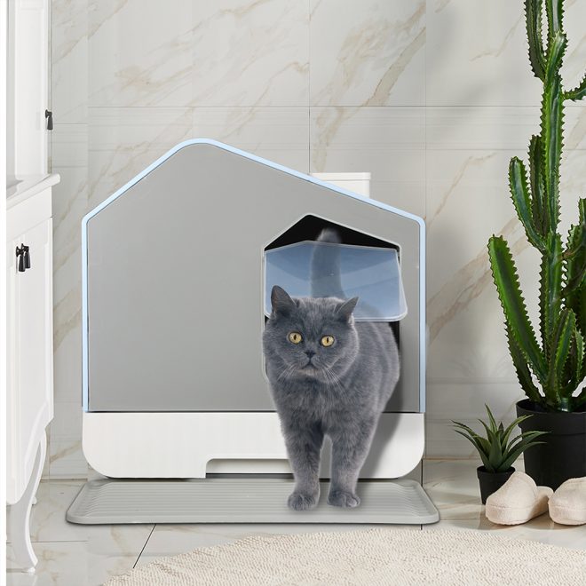 Fully Enclosed Cat Litter Box Mat Kitty Toilet Odour Control Basin Blue