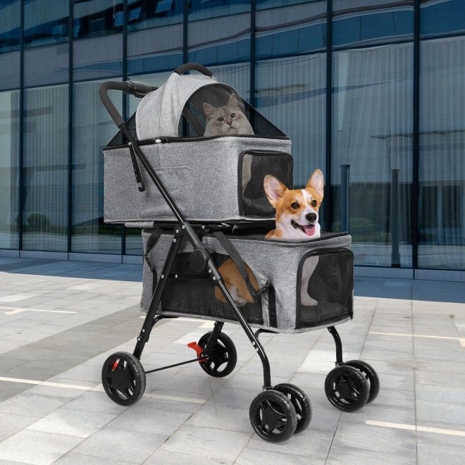 Two-tier Pet Stroller Double Dog Pram Cat Carrier Travel Pushchair Foldable
