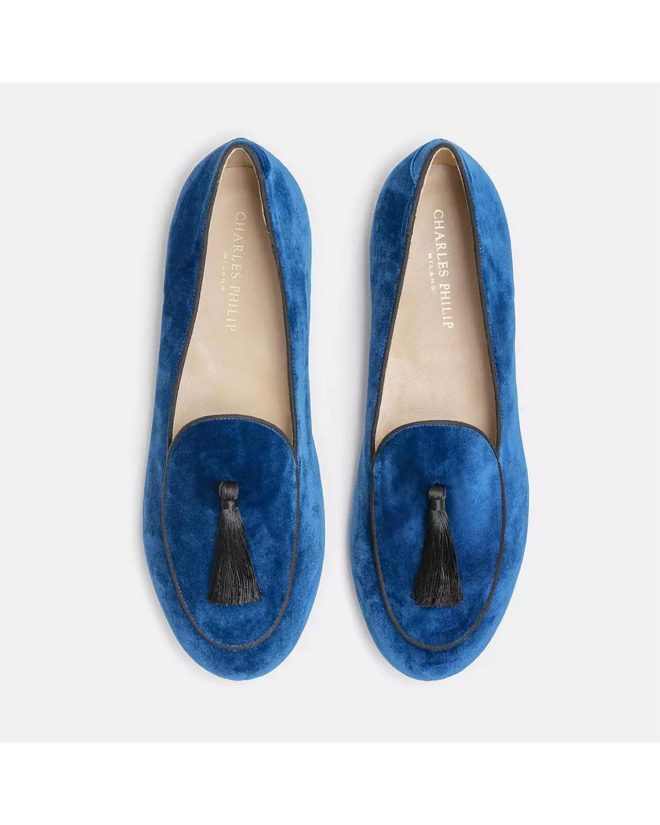 Handmade Unisex Charles Philip Loafers with Dark Blue Silk Fabric and Tassel 41.5 EU Men