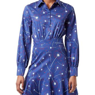 Abstract Print Shirt Collar Cotton Dress with Long Sleeves
