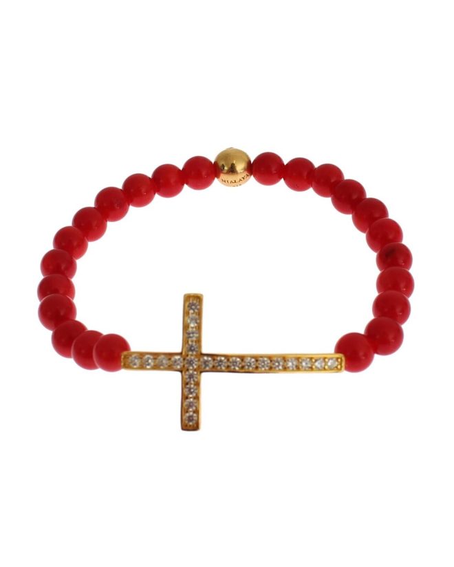 Authentic NIALAYA Gold Plated Silver Bracelet with Red Coral Beads and CZ Diamond Cross Women – M