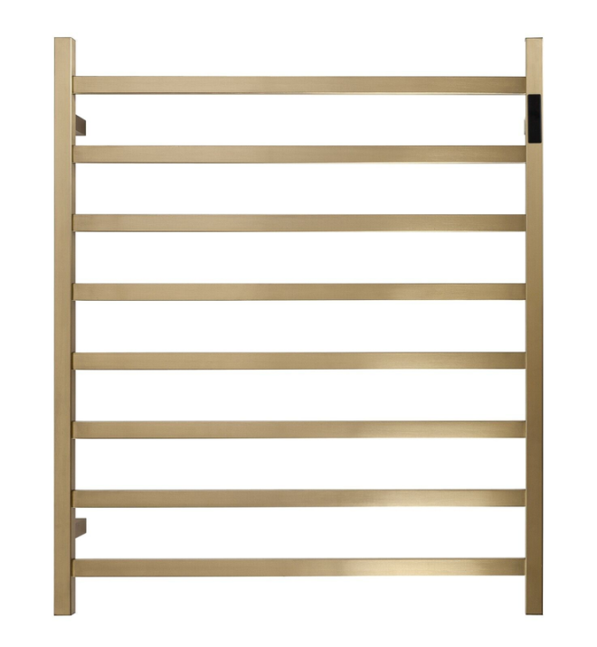 Premium Brushed Gold Heated Towel Rack With LED control- 8 Bars, Square Design, AU Standard, 1000x850mm Wide