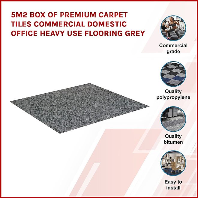 5m2 Box of Premium Carpet Tiles Commercial Domestic Office Heavy Use Flooring – Grey