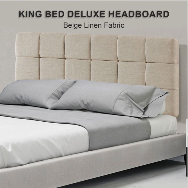 Linen Fabric Bed Deluxe Headboard Bedhead – KING, Beige
