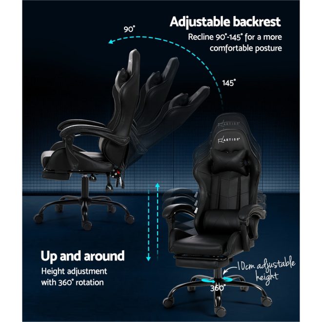 6 Point Massage Gaming Office Chair Footrest Black
