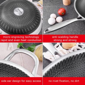 316 Stainless Steel Non-Stick Stir Fry Cooking Kitchen Wok Pan without Lid Honeycomb Double Sided – 32 cm
