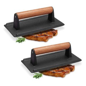 Cast Iron Bacon Meat Steak Press Grill BBQ with Wood Handle Weight Plate – 2