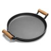 Cast Iron Frying Pan Skillet Steak Sizzle Fry Platter With Wooden Handle No Lid