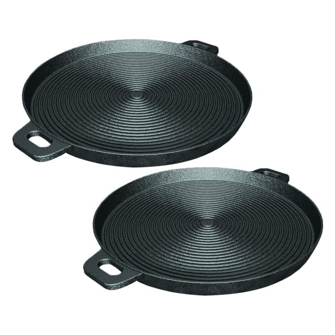 34cm Round Ribbed Cast Iron Frying Pan Skillet Steak Sizzle Platter with Handle – 2