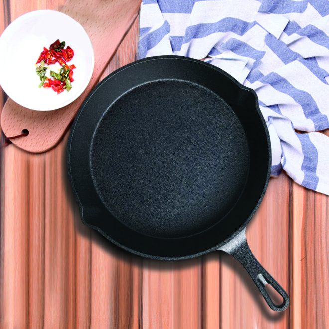 26cm Round Cast Iron Frying Pan Skillet Steak Sizzle Platter with Handle – 1