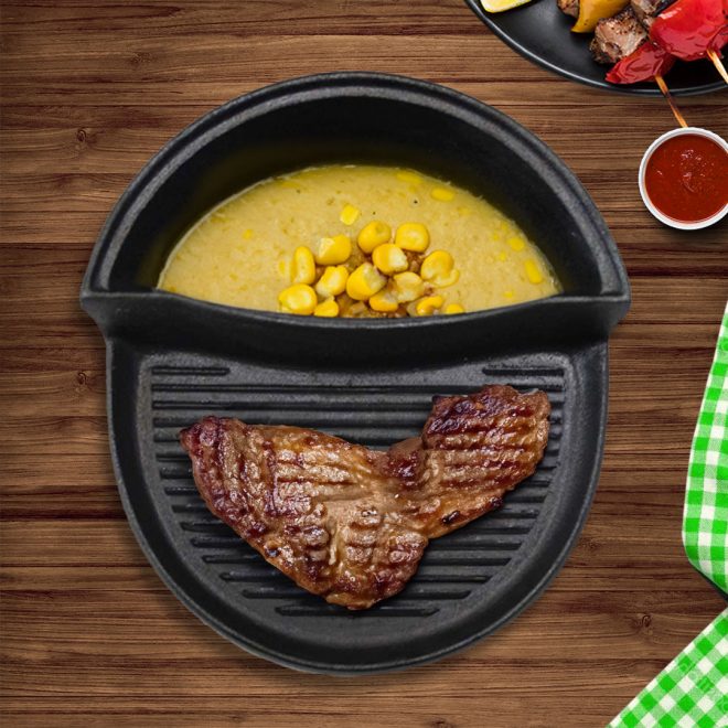 2 in 1 Cast Iron Ribbed Fry Pan Skillet Griddle BBQ and Steamboat Hot Pot – 2
