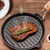 24cm Round Ribbed Cast Iron Steak Frying Grill Skillet Pan with Folding Wooden Handle – 2