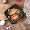 28cm Ribbed Cast Iron Square Steak Frying Grill Skillet Pan with Folding Wooden Handle – 2