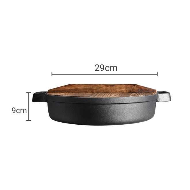 Round Cast Iron Pre-seasoned Deep Baking Pizza Frying Pan Skillet with Wooden Lid