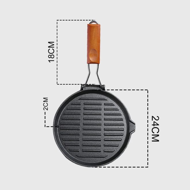 24cm Round Ribbed Cast Iron Steak Frying Grill Skillet Pan with Folding Wooden Handle – 2