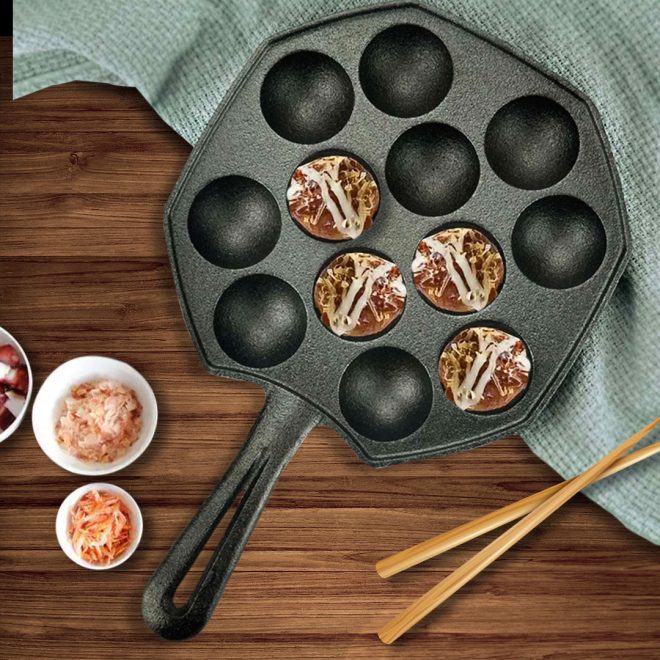 18CM Cast Iron Takoyaki Fry Pan Octopus Balls Maker 12 Hole Cavities Grill Mold – 1