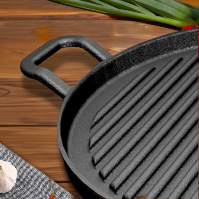 28cm Ribbed Cast Iron Frying Pan Skillet Coating Steak Sizzle Platter – 2