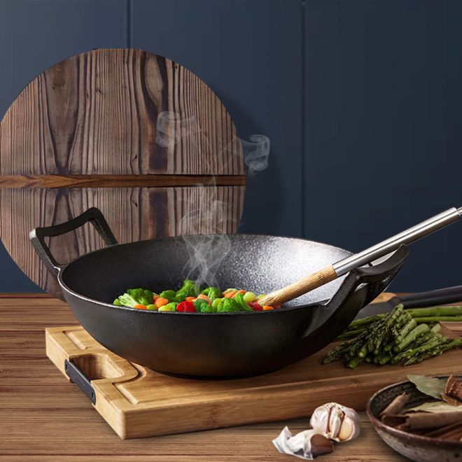 36CM Commercial Cast Iron Wok FryPan with Wooden Lid Fry Pan – 1