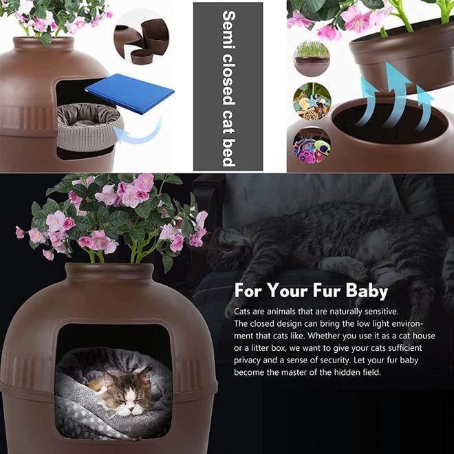 Multifunctional Cat Litter Box Pet Cat House Semi-Enclosed – Brown