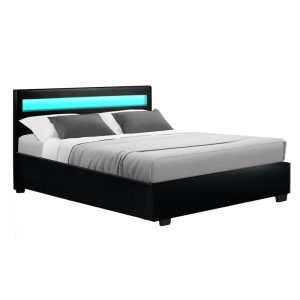 Washpool LED Bed Frame PU Leather Gas Lift Storage