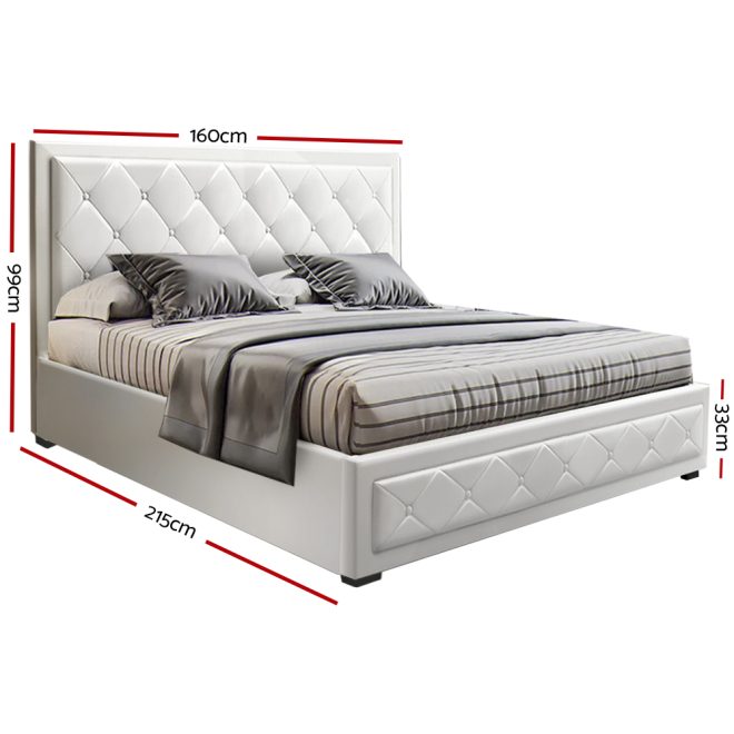 Antonio Bed Frame Fabric Gas Lift Storage – QUEEN, White