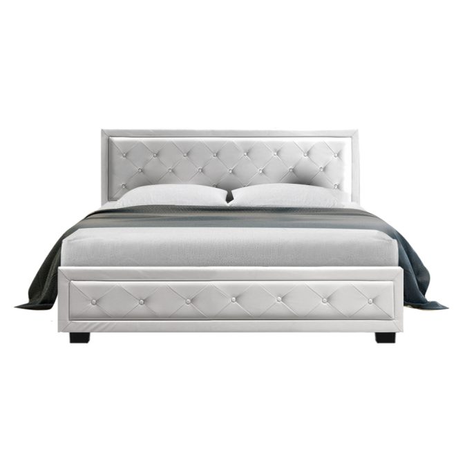 Antonio Bed Frame Fabric Gas Lift Storage – QUEEN, White