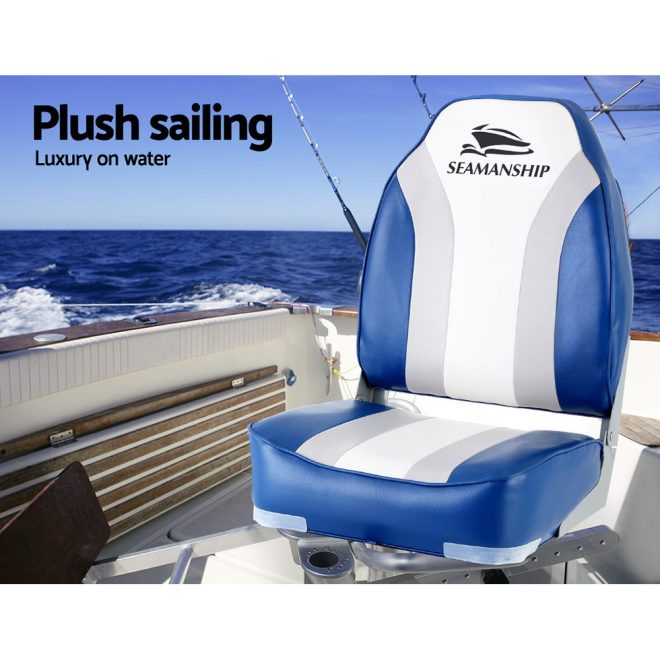 2X Folding Boat Seats Marine Seat Swivel High Back 12cm Padding Blue