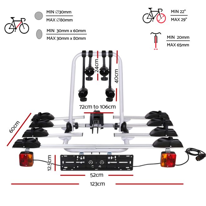 4 Bicycle Bike Carrier Rack Car Towbar Hitch Ball Mount Tail light Silver