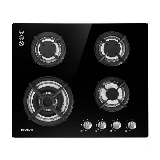 Gas Cooktop 60cm 4 Burner Ceramic Glass Cook Top Stove Hob Cooker LPG NG – Model 1, Tempered Glass