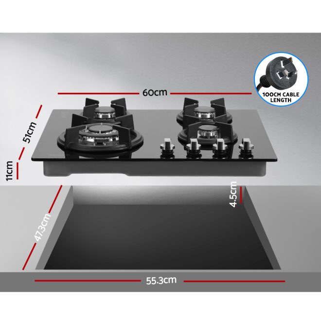 Gas Cooktop 60cm 4 Burner Ceramic Glass Cook Top Stove Hob Cooker LPG NG – Model 1, Tempered Glass