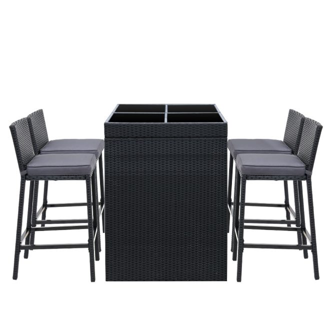 5-Piece Outdoor Bar Set Dining Table Stools Wicker Patio Setting