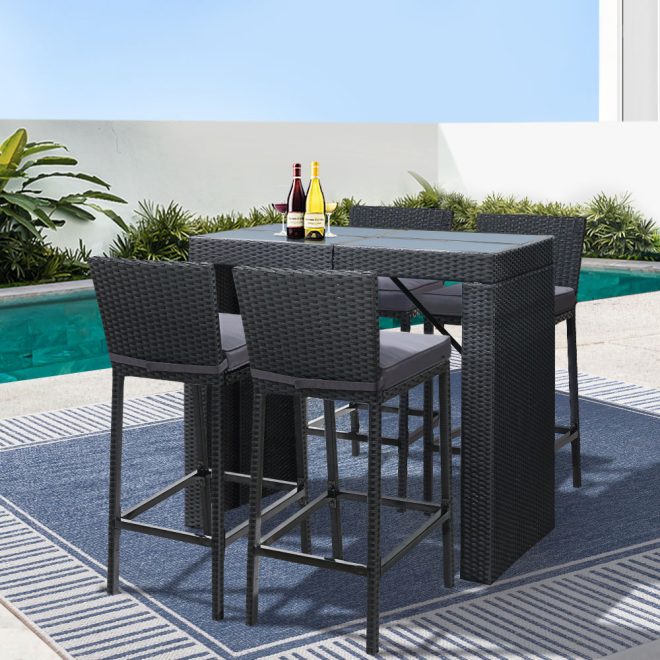 5-Piece Outdoor Bar Set Dining Table Stools Wicker Patio Setting