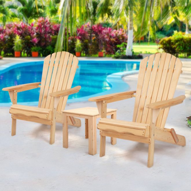 3 Piece Wooden Outdoor Beach Chair and Table Set – Natural